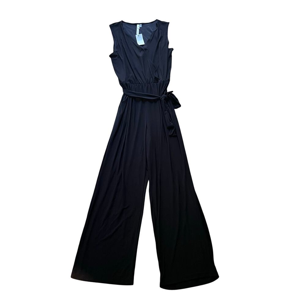 NY Collection Women’s Petite Surplice Belted Wide-Leg Jumpsuit black Petite XL - Picture 2 of 5